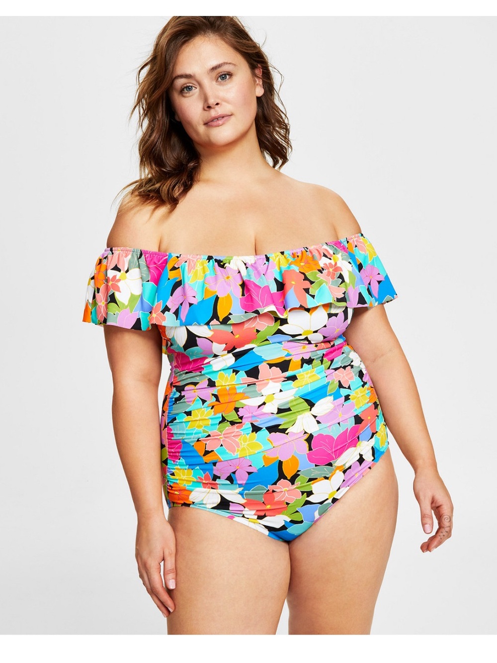 NWT Swim Solutions Plus Size One Piece Tummy Control Off the Shoulder Ruffle 22W